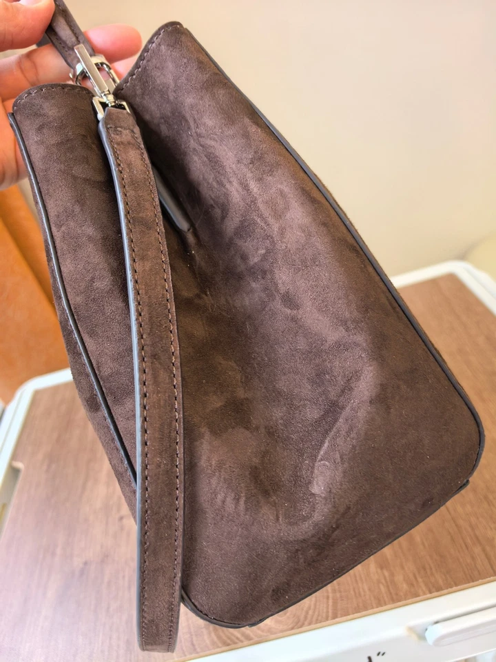 Tory Burch Eleanor Suede Satchel Bag Cocoa Brown Silver Logo Convertible NWT - Image 4 of 4