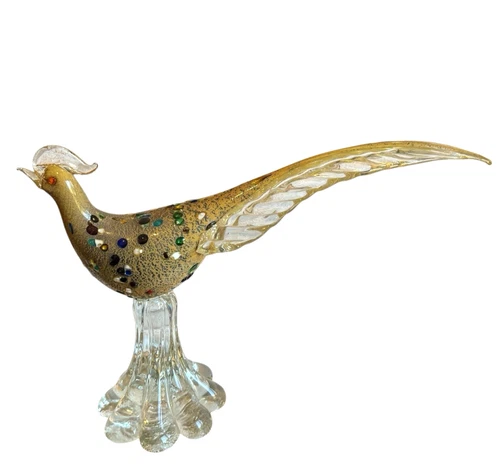 VTG 15" Large MURANO Art Glass Pheasant Bird Gold Leaf Jewels Statue 8-Lobe Base