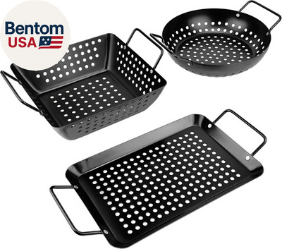 Small Non-Stick 3 Piece Grill Basket Set   BBQ Grilling Basket for Vegetables, S
