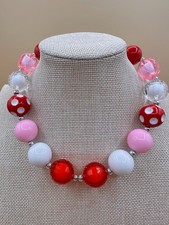 Chunky Red Pink White Beaded Necklace Heart Toggle Clasp Y2K Coquette Statement