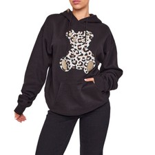 Womens Oversized Leopard Print Teddy Bear Graphic Hoodie Sweatshirt Baggy Jumper