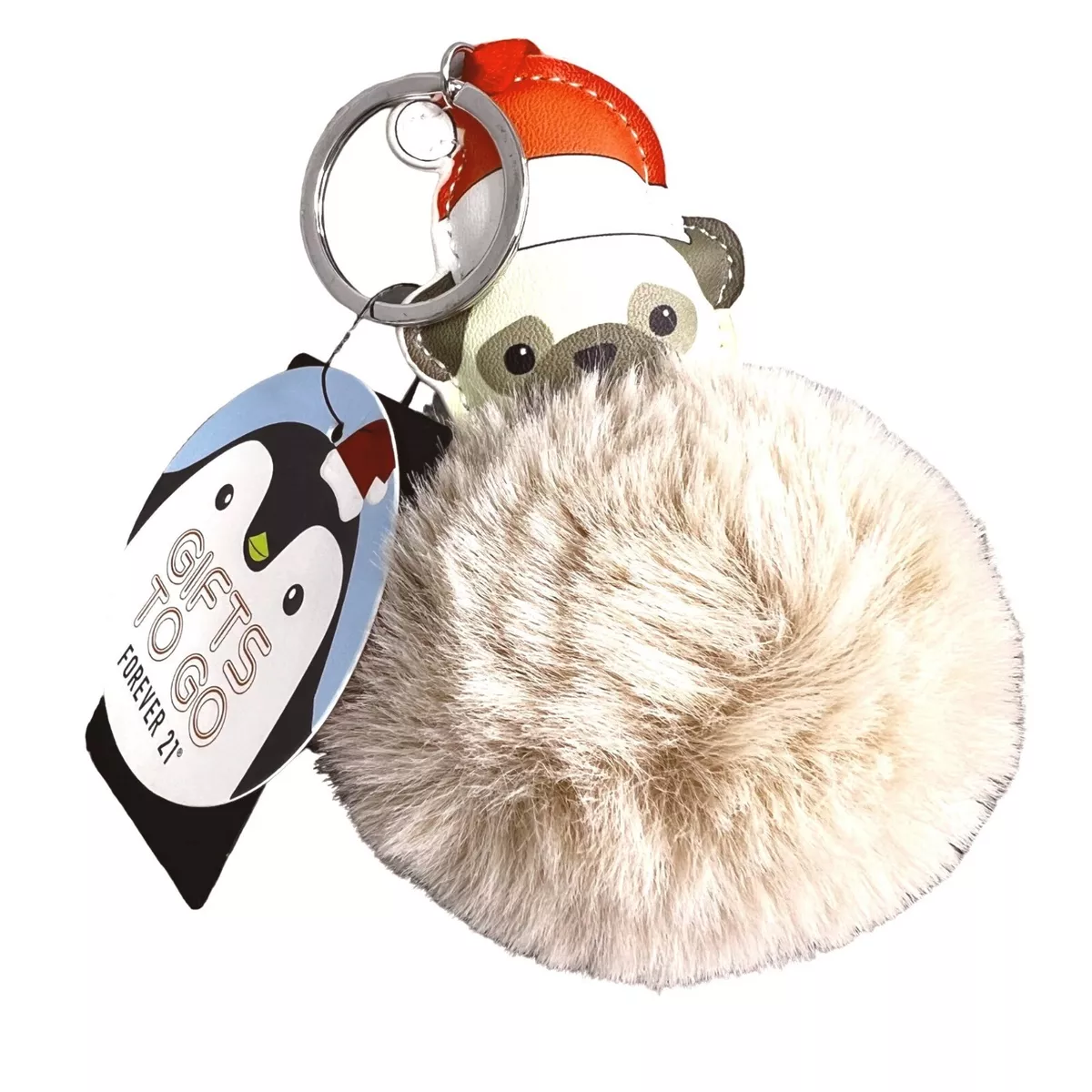 Forever 21 Pom Pom Puff Ball Keychain Pug Dog Santa Hat Faux Fur Beige NWT