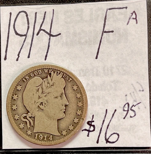 1914-P Barber Silver Quarter (F) Fine Condition. ENN Coins