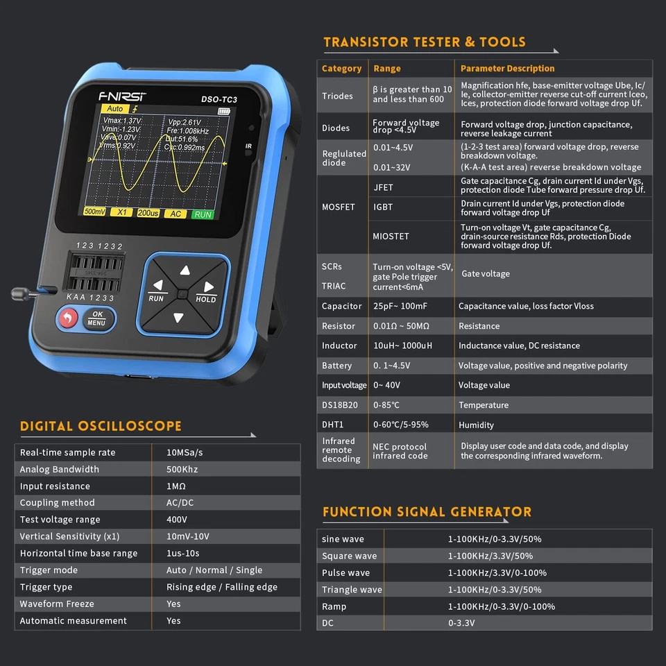 FNIRSI DSO-TC3 3 in 1 Digital Oscilloscope Transistor Tester Signal Generator - Image 3 of 4
