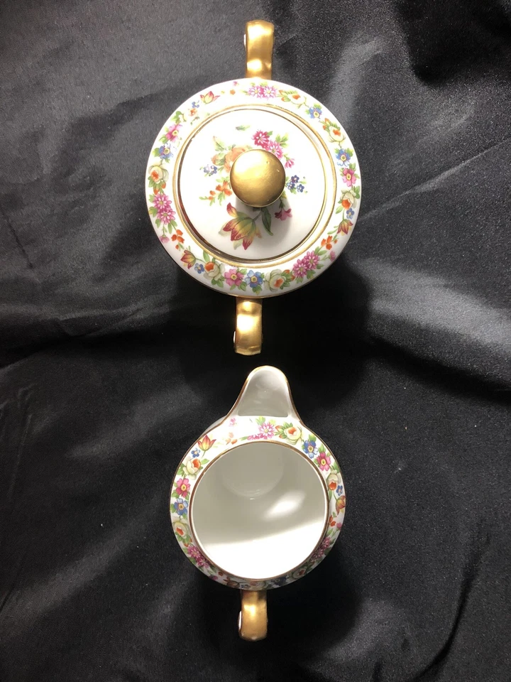 Limoges/Francia Crema/Azúcar/Raynaud/Francia Blanco/Dorado Diseño Floral De Colección Foto 2 de 4