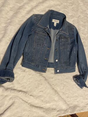 Chico's 1 PLATINUM Cropped Blue Denim Jacket, Mystic Pattern Rhinestones