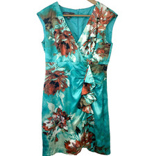 Donna Ricco Tropical Dress Size 8 Green Print Ruffle Lined Knee Length Travel