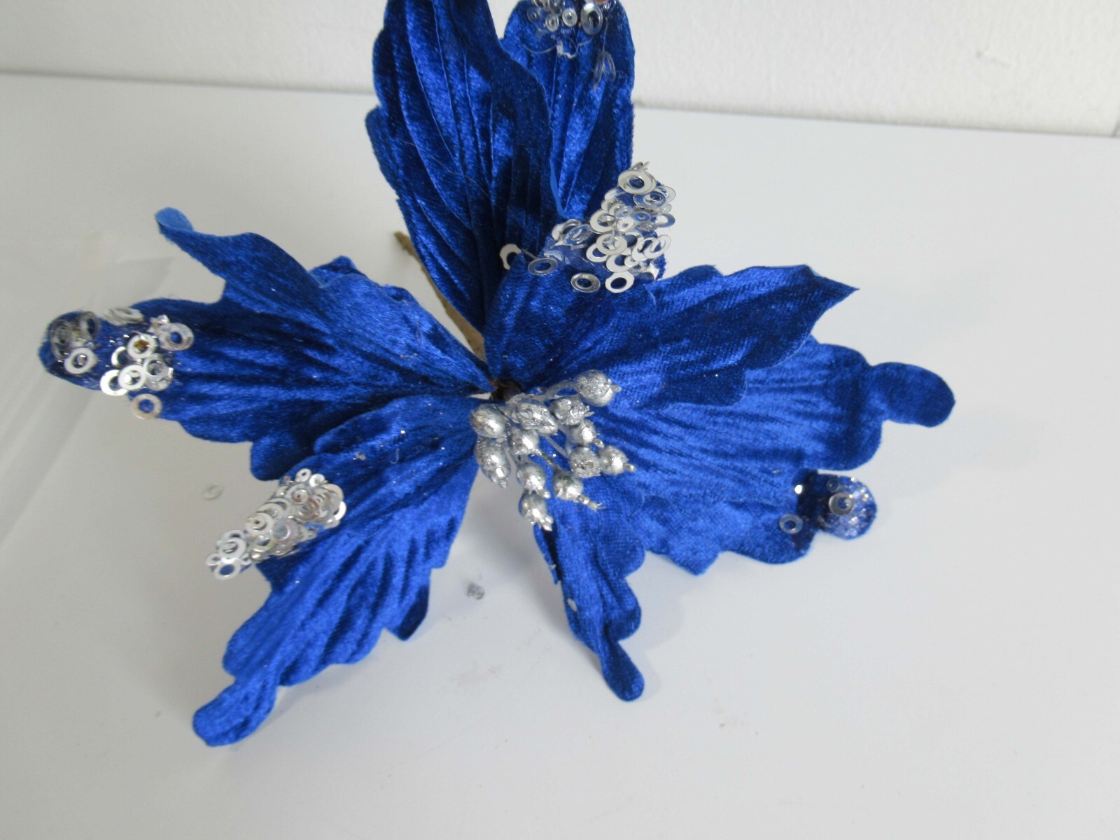 Artificial Flowers Blue Poinsettia Set of 12 Xmas Decorations 5" Pricks
