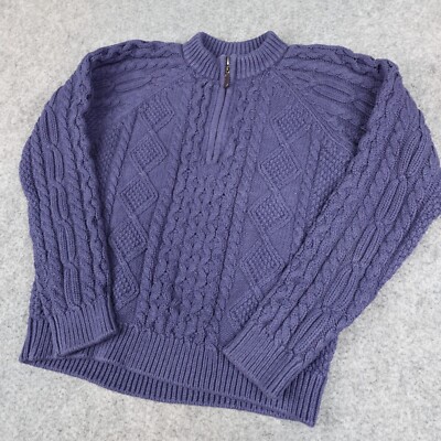 LL Bean Sweater Boys Large 14-16 Blue Cable Knit Fisherman Half Zip Youth VTG
