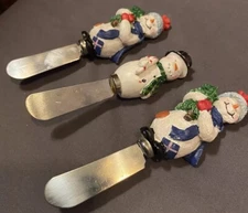 Three Vintage Holiday Christmas Cream Cheese Ball Spreading Knives Used Snowmen
