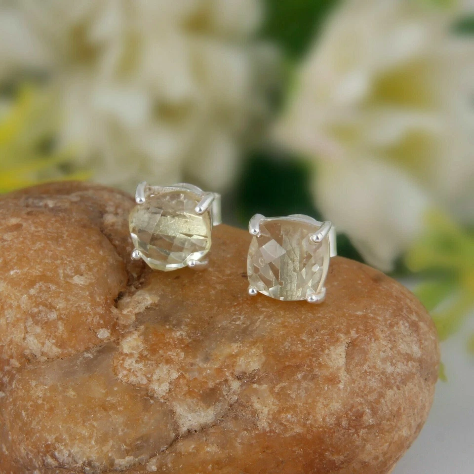 Pequeños aretes de cuarzo limón de plata maciza 925 con piedras preciosas minimalistas Foto 4 de 4