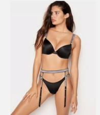 VICTORIAS SECRET Black Satin  Rhinestone Bling Garter Belt Size M/L NWT