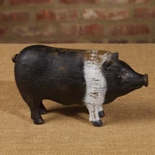 NEW Primitive PIG Farmhouse Aged Figurine BLACK WHITE Resin Carved 4.5"Hx7.5"L