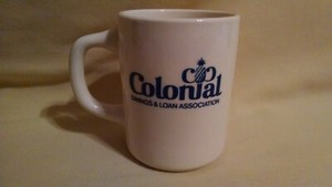 COLONIAL SAVINGS LOAN MUG PINEAPPLE GRAPHIC COFFEE TEA CUP USA WHITE BLUE BANK*