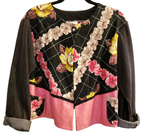 California Originals Handcrafted Black Denim Pink Floral Lined OOAK Jacket