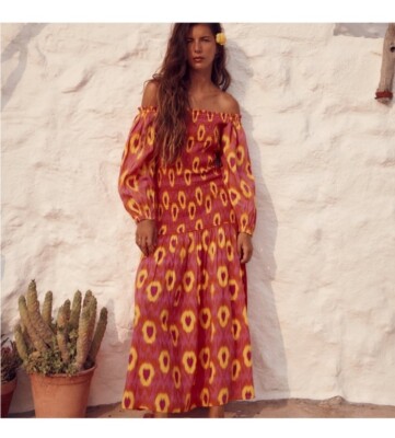 NEW ZARA COTTON PRINTED MIDI DRESS STRAIGHT NECKLINE OFF SHOULDER Sz S |  eBay