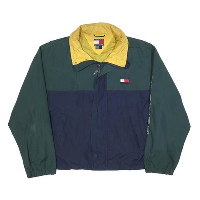 Tommy Hilfiger Herren Grün & Navy Blau Colourblock Jacke L Polyester Zip Logo
