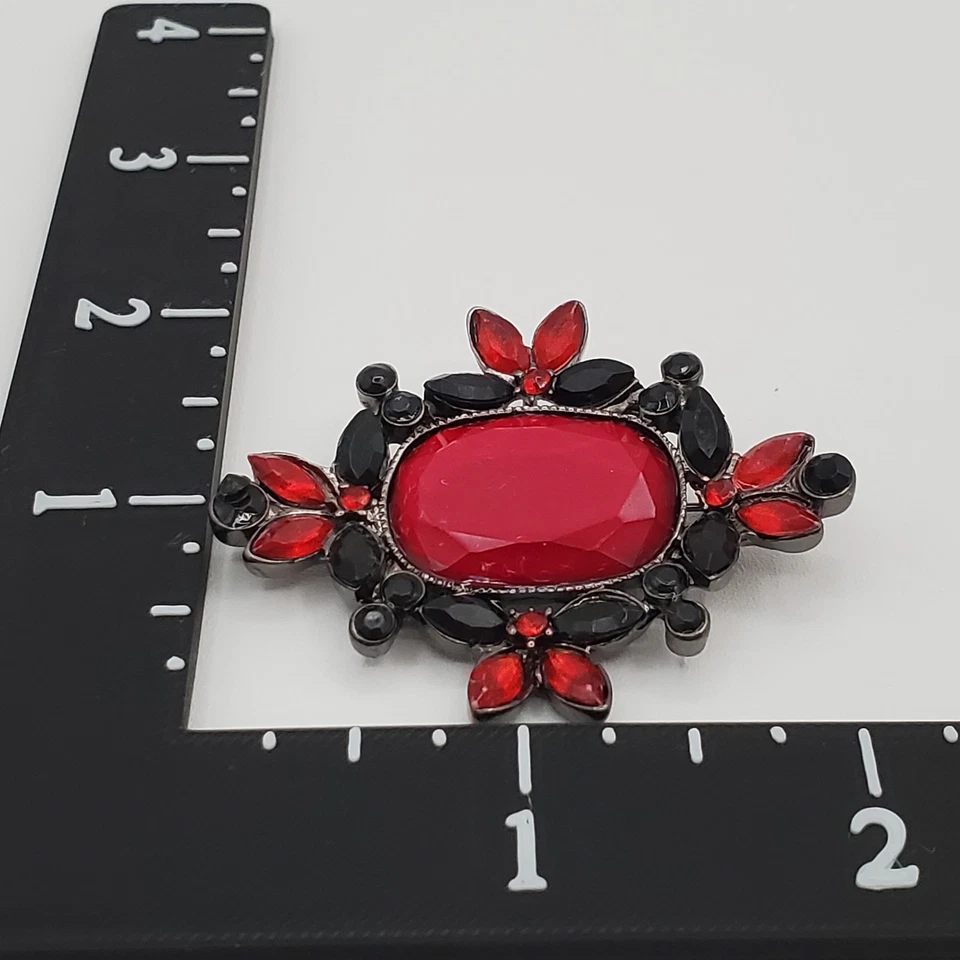 Faceted Red Glass Brooch Pendant Combo 2in Gunmetal Black Rhinestone Victorian - Image 3 of 4