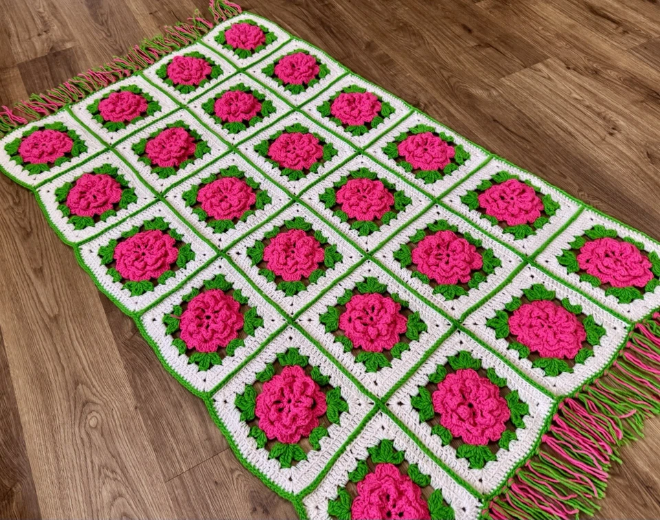Manta afgana ganchillo vintage 3D rosa abuela cuadrada rosa verde flecos 60x32 Foto 2 de 4