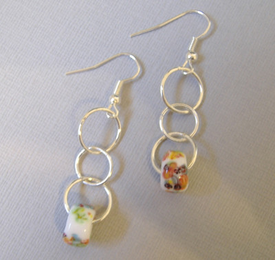 Flower Beaded Earrings Hoop Rings Silver Tone Metal Handmade Pierced Dangle Gift