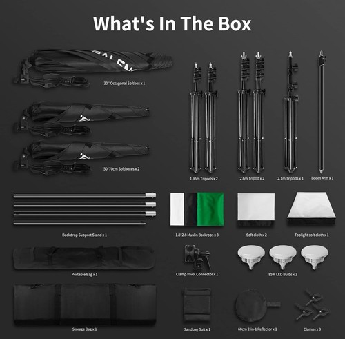 Photography Lighting Kit with 8.5x10ft Backdrops, 32-Inch Octagonal Continuous - Picture 4 of 6