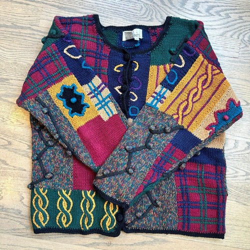 Casual Ellements Chunky Patchwork Cardigan Knit ButtonUp Sweater Colorful Size S - Picture 2 of 7