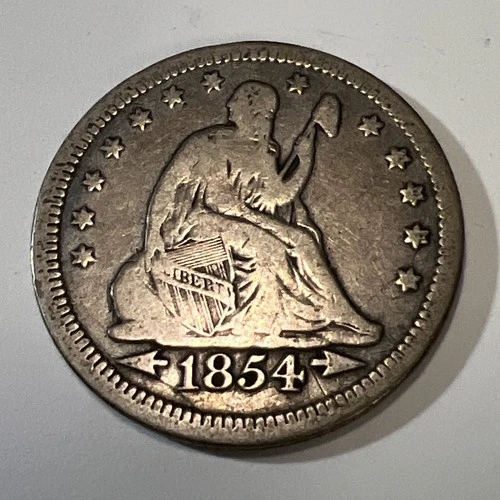1854 Seated Liberty Silver Quarter Dollar with Arrows.