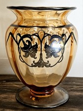 Vintage Rosewell Bohemian Amber Art Glass Vase Black Floral Overlay 8”