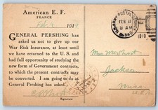 1919 American E F France General Pershing War Risk Insurance WWI Posted Postcard