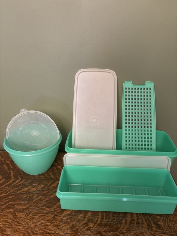 Vintage Tupperware Jadeite Green Lettuce, Celery, and rectangular vegetable 