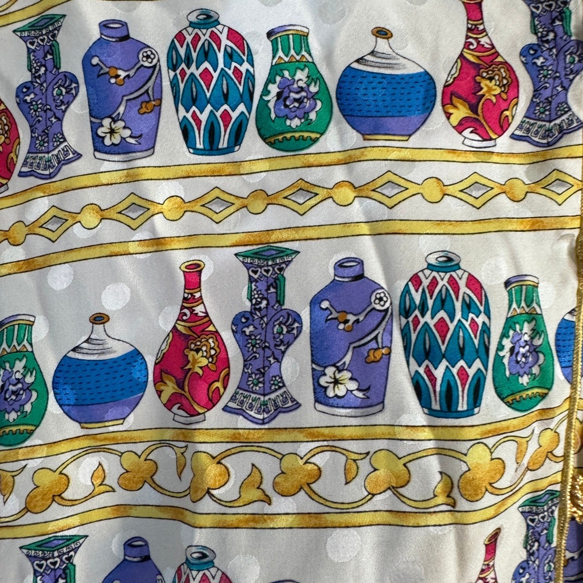 Maggy London Silk Blouse Vintage Vase Pottery Print Gold Frog Closure Size 14 View 2