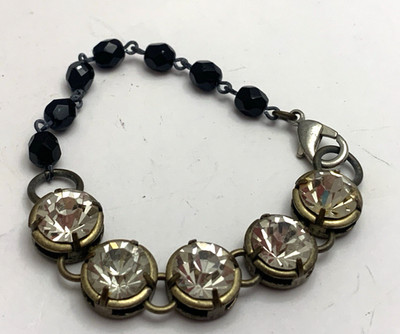 Vintage Beaded Art Deco Faceted Black Glass & Crystal Chain Bracelet Brass