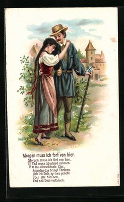 Präge-AK Morgen muss ich fort von hier..., Frau umarmt Mann 