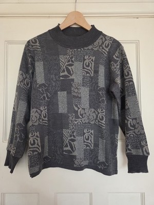 Vintage Art Deco Pullover mit geometrischem Muster Damen Gr. M-L grau leichter Strick
