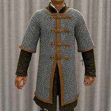 Chainmail Haubergeon, 9mm Flat Ring Riveted with Washer, Brown Leather Trim Trim