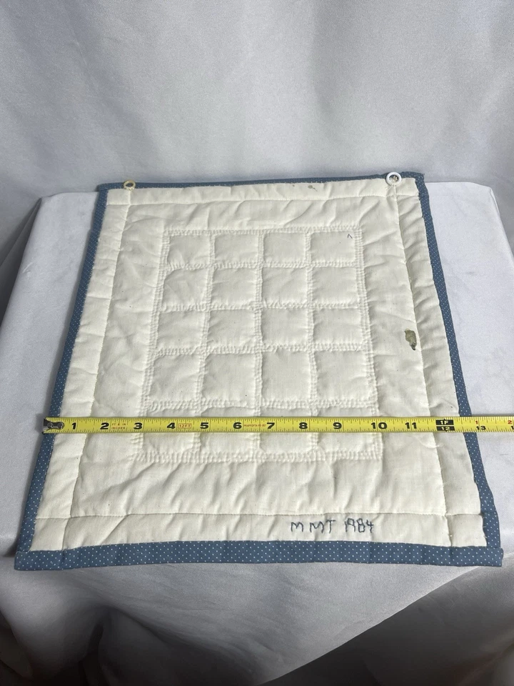 Colcha colgante de pared vintage hecha a mano 1984 corazón azul retazos versículo bíblico 14x14 Foto 3 de 4