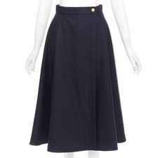 CELINE navy wool felt gold crest button wrap high waist midi skirt FR36 S