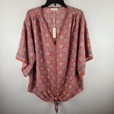 Max Studio Womens 3X Coral Medallion Print V-Neck Front Tie Kimono Top NWT