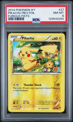 2014 POKEMON XY FURIOUS FISTS #27 PIKACHU-REVERSE FOIL PSA 8