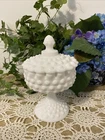 Vintage White Milk Glass Hobnail Fenton Candy Dish Pedestal w/ Lid Ruffled Rim