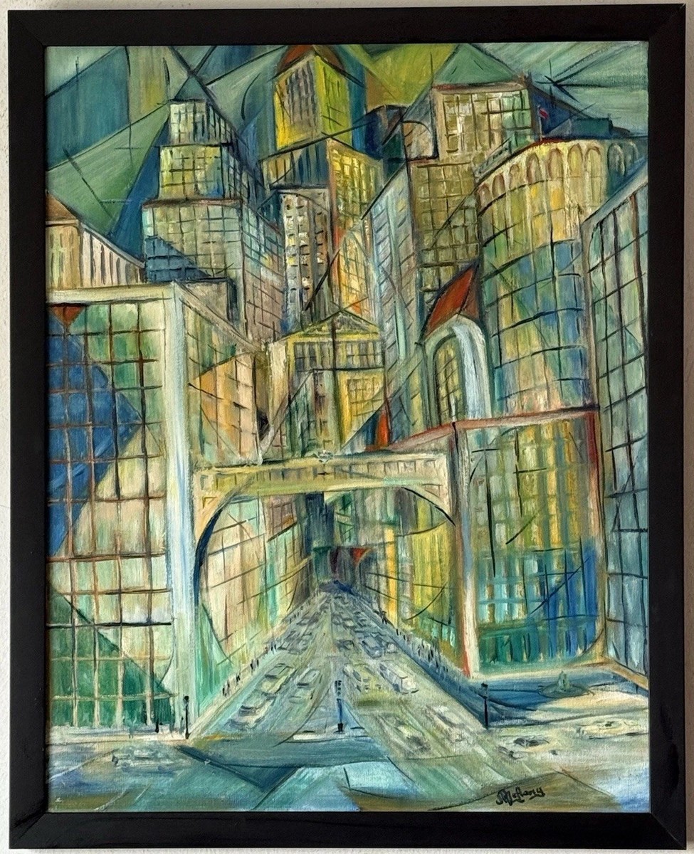 ANTIQUE MID CENTURY MODERN ABSTRACT CITYSCAPE OIL PAINTING