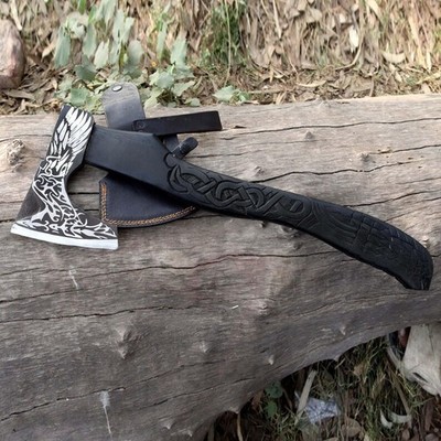 Hand Forged Viking Axe   Raven Engraved Carbon Steel Bearded Hatchet