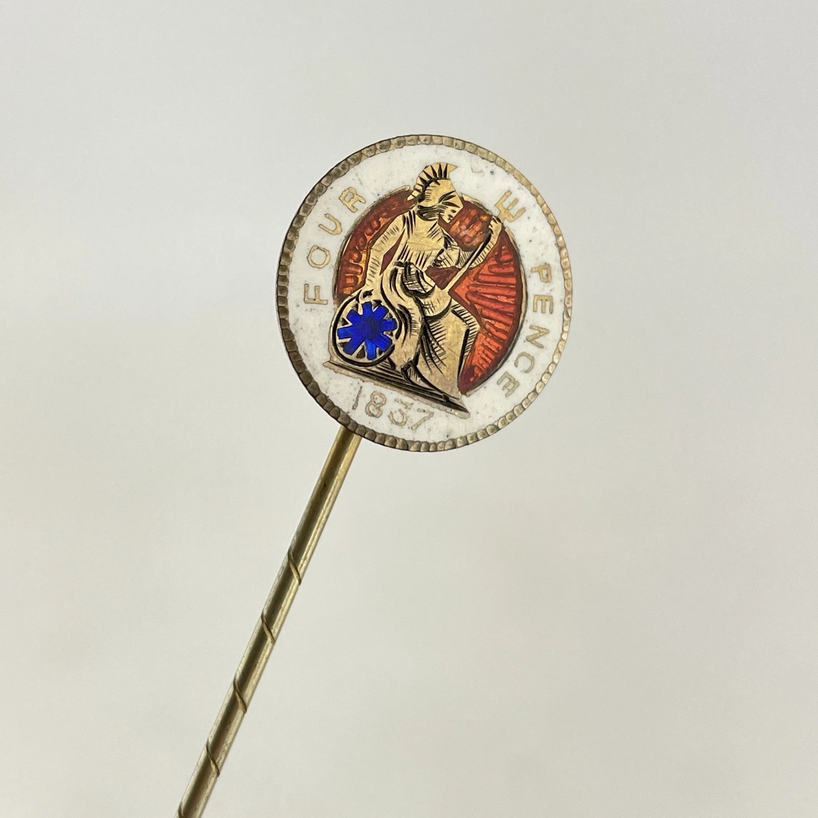 Antique Enamel Four Pence Fourpence 1837 Stick Pin 7cm 2.3g