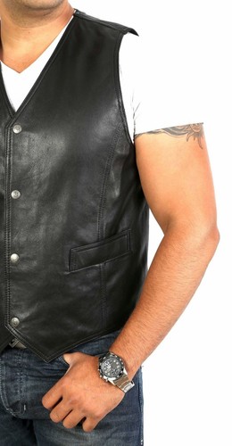 Mens real LEATHER waistcoat traditional classic black SOFT stud buttons gilet - Picture 28 of 39