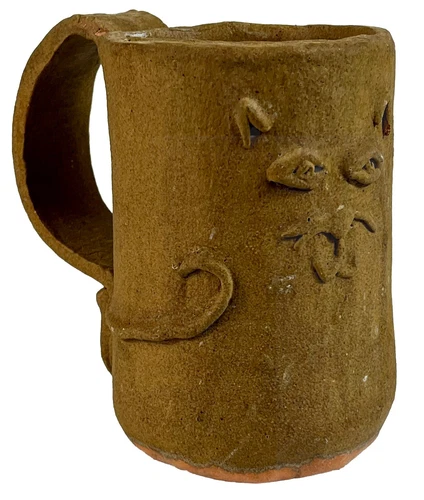 VTG Stoneware Cat Coffee Mug Handmade 3D Art Pottery Whimsical Cat Cup Signed