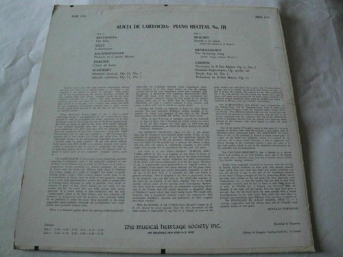 ALICIA DE LARROCHA PIANO RECITAL NO. III VINYL LP ALBUM 1973 MUSICAL HERITAGE SO - Picture 2 of 4