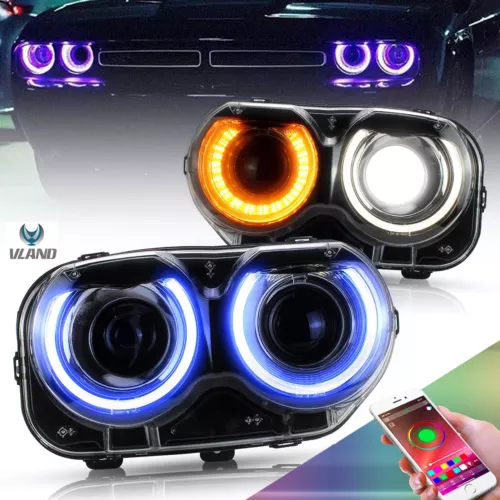 Juego de pares de faros VLAND RGB DRL para Dodge Challenger 2015-2023 luces delanteras - Imagen 10 de 13
