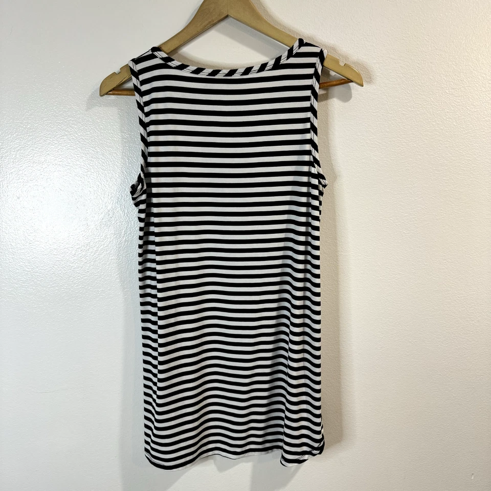 Camiseta sin mangas túnica LOGO Lori Goldstein M negra blanca a rayas jersey encaje elástico Foto 4 de 4