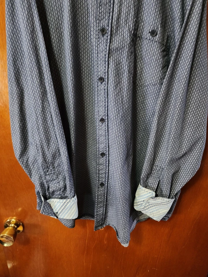 Men's Large Axis Navy Blue White Geometric Pattern Long Sleeve Button Down Shirt - Image 4 of 4