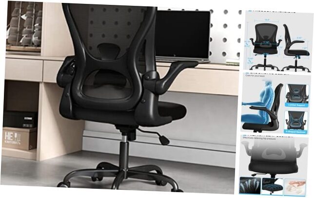 Ergonomic Desk Chair with Padded Flip up Arms and Supportive Lumbar Black-image